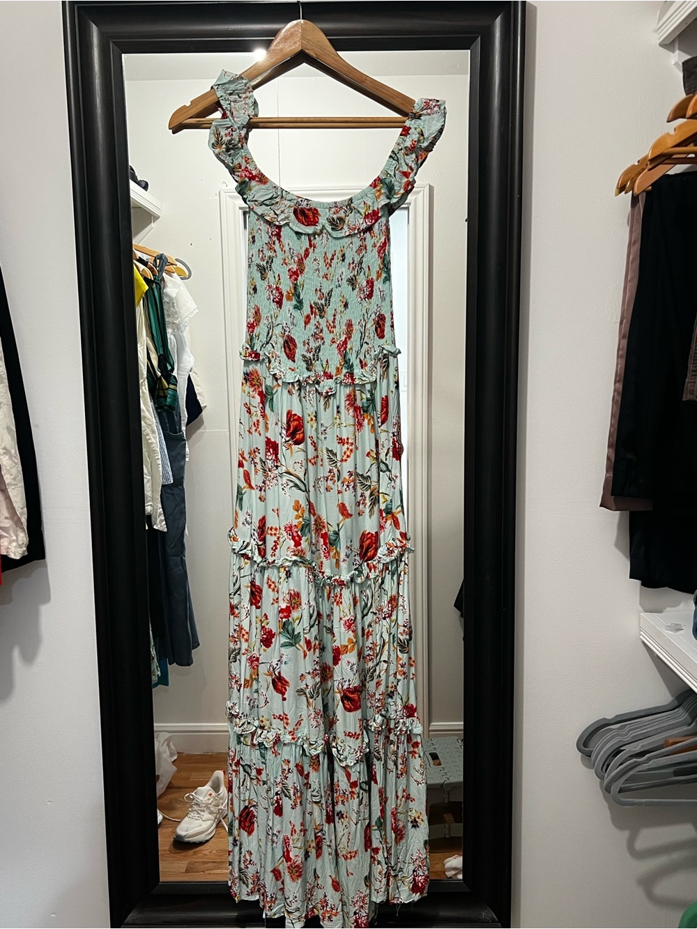 Floral Tiered Maxi Dress in Light Blue with Red Roses